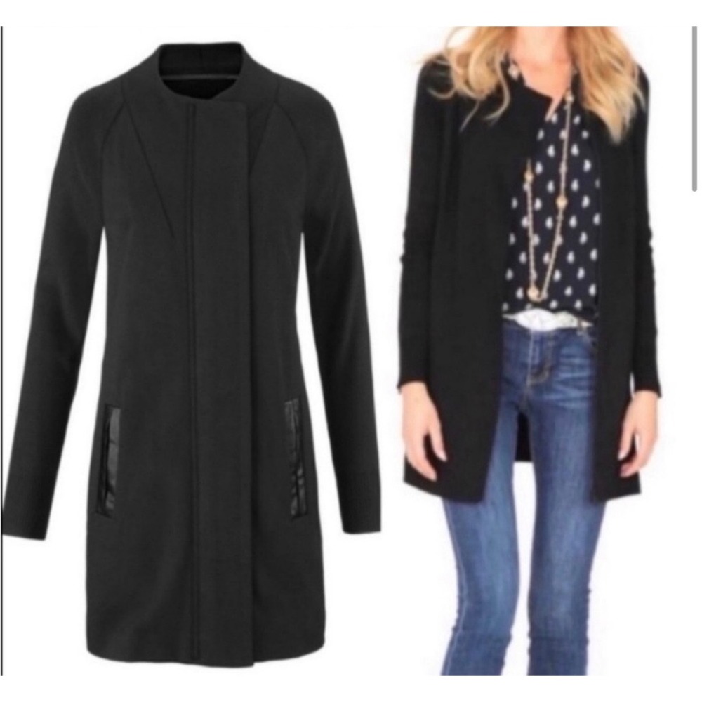 Cabi Pursuit Cardigan Women Small Black Mixed Media Faux Leather Trim #3351